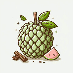 A green sugar apple fruit with a slice cinnamon sticks and leaves set against a white background