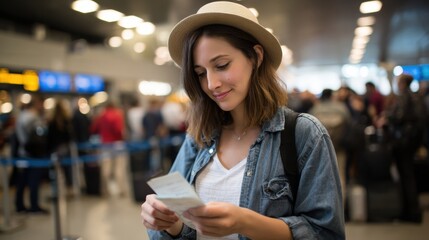 Young traveler in denim jacket and straw hat is checking her travel documents at airport, surrounded by busy crowd. She appears focused and excited about her journey