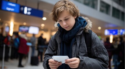 Young traveler is organizing their passport and boarding pass at airport, surrounded by busy terminal atmosphere. expression reflects focus and anticipation for journey ahead