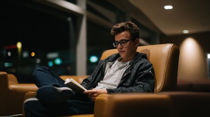 Young traveler reading book while relaxing in comfortable chair at night, surrounded by cozy atmosphere and soft lighting, creating peaceful moment of solitude