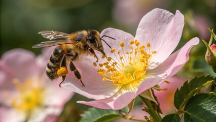Bee, sharp and realistic, Photo, Natural light.