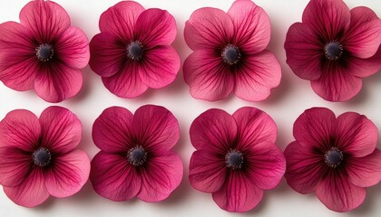 Eight beautiful magenta flowers are laid on a white textured background. Use for greetings, invitations, or any creative floral design needs.