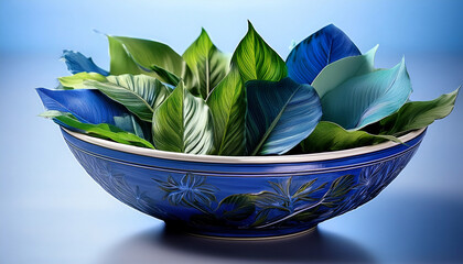 vibrant blue and green foliage in a ceramic bowl