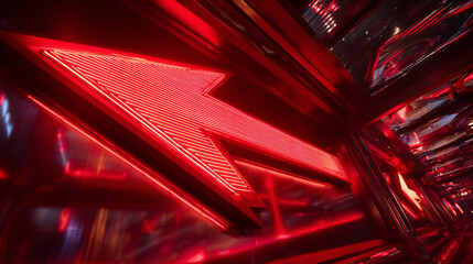 Abstract red neon arrow light glow background. Futuristic cyber laser line motion banner for casino. Dynamic techno perspective beam 3d graphic design. Cool party power and energy boost led tunnel