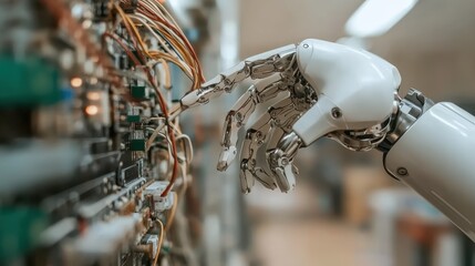 A highly detailed robotic hand reaching towards intricate circuits, symbolizing the merging of technology and humanity, highlighting advancements in robotics and innovation.