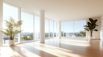 Obraz premium A spacious modern living room filled with natural light, showcasing elegant decor and beautiful views, representing contemporary lifestyle and the beauty of minimalistic design.