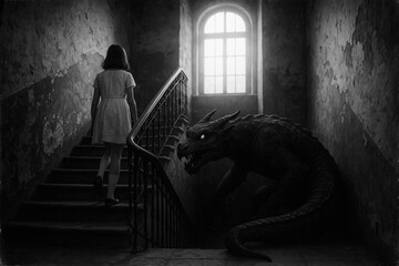 Eerie black and white vintage horror scene: A young girl in a white dress ascends a dark, textured staircase, confronted by a menacing, shadowy dragon-like monster with glowing eyes. 