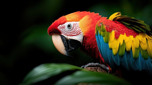 A vividly colored macaw parrot displaying brilliant feathers while perched gracefully, showcasing nature's beauty and vibrancy against a dark, lush backdrop.