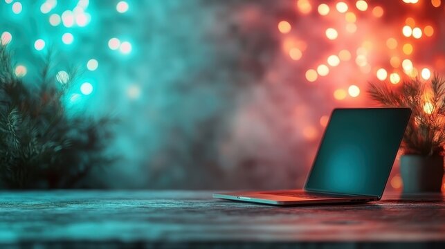 A sleek laptop sits on a rustic wooden table dimly lit by colorful lights contrasting with the soft textures, creating a cozy and inviting workspace atmosphere.