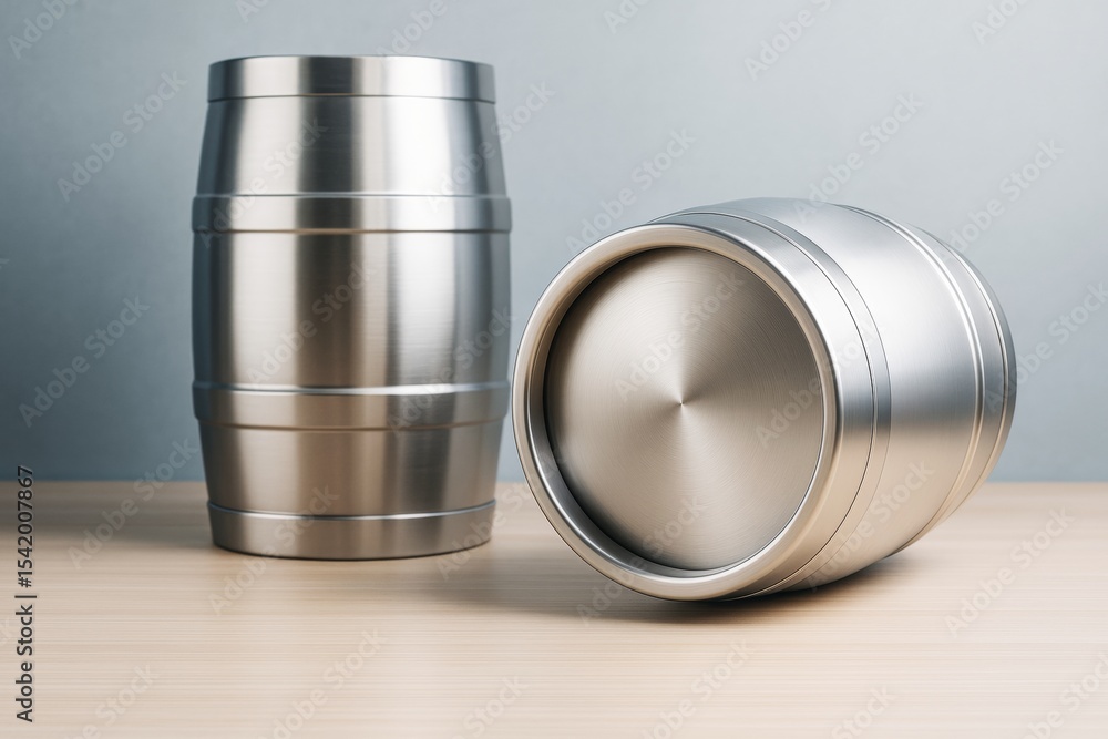 Poster shiny metallic drink barrels on wooden surface with soft light and abstract background in a modern m
