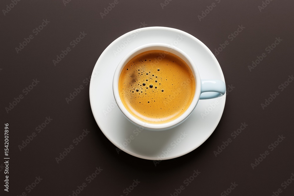 Aufkleber fresh espresso coffee in a white cup on saucer placed on dark background, top view composition with 