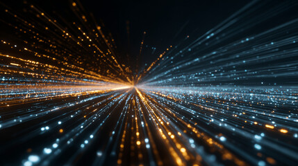 Cyber square tunnel consisting of moving glowing points. Futuristic infinite space background. Concept of data transfer in cyberspace. Hi-tech illustration. 3d rendering