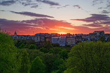 Fototapeta premium Beautiful sunset with orange pink sky above buildings on Princess street in Edinburgh, UK. Visible sun rays and colorful sky with clouds. Public park with green trees.