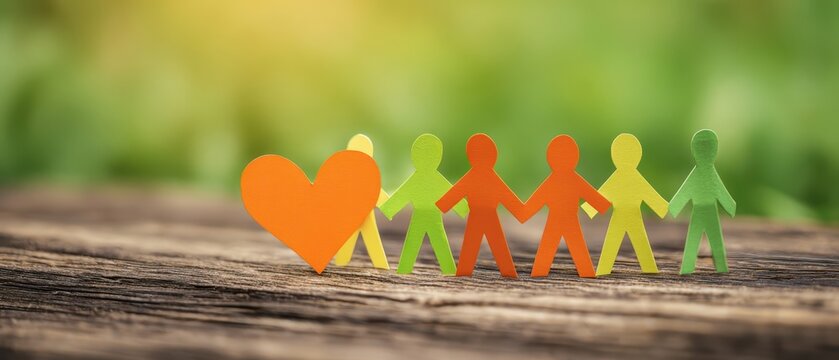 The colorful paper figures representing love and community connection on a wooden surface.