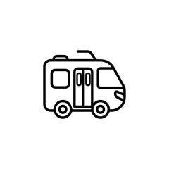 A line drawing depicts a compact RV featuring doors windows tires and a roof vent