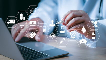 Medical worker touch virtua medical AI technology services concept.Medical worker hold virtual...