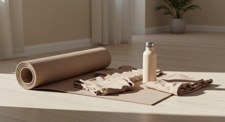 Yoga mat, bottle, and clothes laid out on wooden floor indoors  