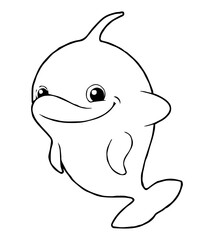 A line drawing of a cartoon dolphin showing its playful pose and cheerful expression