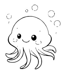 A line drawing of a cartoon octopus with large eyes and bubbles