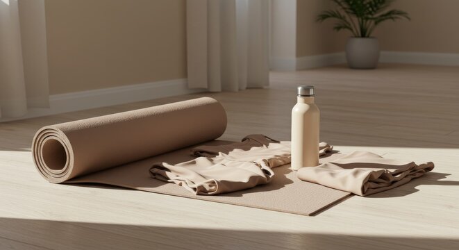 Yoga mat, bottle, and clothes laid out on wooden floor indoors  