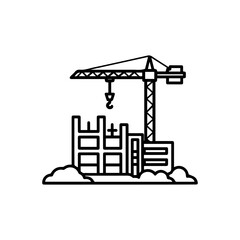 A lineart illustration depicts a construction site with a crane and building under construction