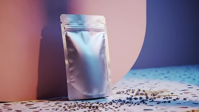Matte White Pouch Package Mockup with Lavender on Speckled Terrazzo Surface