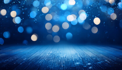 blue bokeh fall on floor with shiny lights elegance abstract background