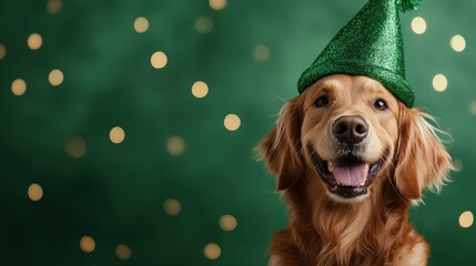 A cheerful golden retriever dons a sparkling green party hat, radiating joy and playfulness against a softly blurred festive background perfect for celebrations and gatherings.