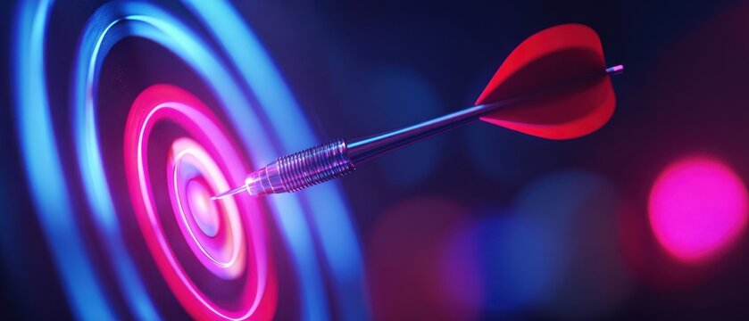 The dart hitting the target with vibrant neon lights and abstract colors.