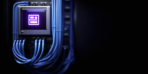 Server Room Equipment: A server panel with blue cabling and an illuminated dashboard icon stands against a stark, dark background.