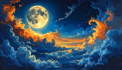 夜空に浮かぶ満月と雲の幻想的なアートイラスト
