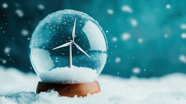 This captivating image features a snow globe that holds a miniature wind turbine surrounded by snow, symbolizing sustainability and the beauty of renewable energy. - Powered by Adobe
