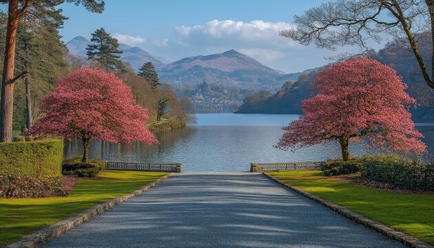 Scenic view with pink blossom trees by the lake and mountains background. Ideal for landscape, travel, and nature themed content creation, and more.