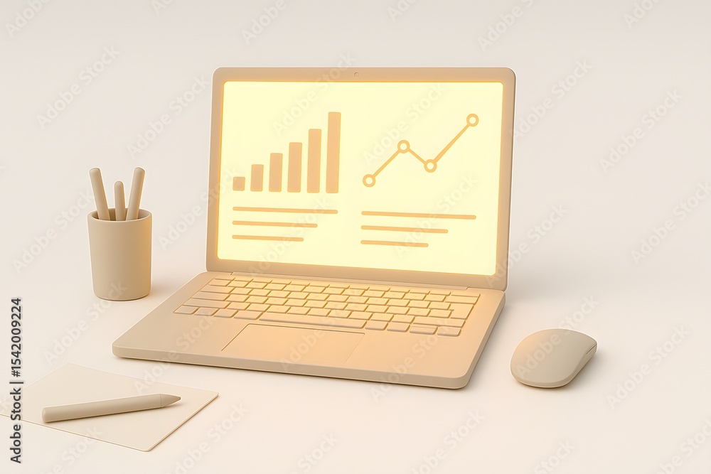 Aufkleber Modern laptop with glowing screen displaying charts and data analysis