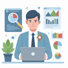 A man works on a laptop amidst business graphs and charts