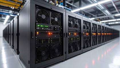  Industrial-Grade Server Room Featuring Backup Power Units, Precision Cooling Systems, Server Racks, Exposed Power Cables, and Ventilation Infrastructure
