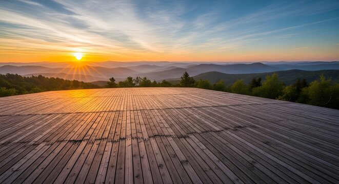 Majestic Sunrise Over Mountain Ranges Viewed From Wooden Deck