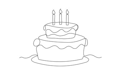 Continuous line of creamy sweet birthday cake with candle and topping. Traditional birthday bakery dessert for party. Editable stroke sketch drawing vector illustration