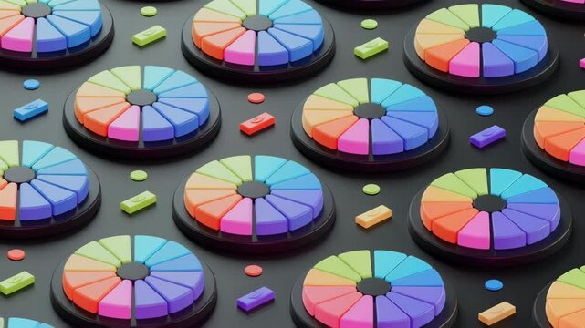 Colorful pie charts representing data analysis and statistics on black background.