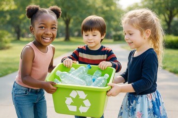 Happy children recycling plastic bottles in green bin outdoors on sunny day, promoting environmental awareness and sustainability concept.