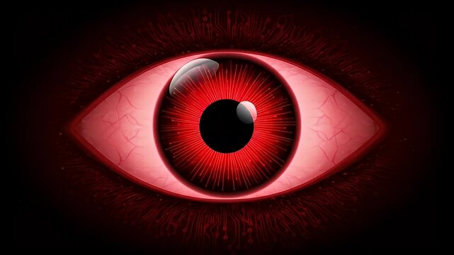 Digital Red Eye Design on Black Background Depicting Cyber Security And Technology