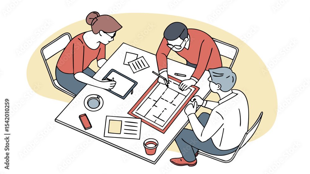 Poster three people collaborating on a project at a table with documents and digital devices displayed on i