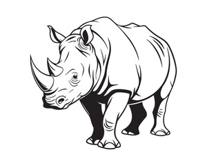 Obraz premium Black and White Rhinoceros Illustration – Detailed Hand-Drawn Style Silhouette of a Rhinoceros – Isolated on White Background for Wildlife and Nature Art Projects