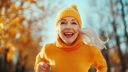 A joyful elderly woman running in a colorful autumn park, radiating happiness and vitality, capturing the essence of active living and embracing life's moments.