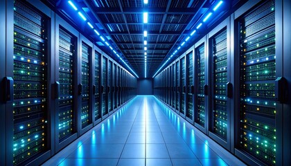 Industrial-Grade Server Room Featuring Backup Power Units, Precision Cooling Systems, Server Racks, Exposed Power Cables, and Ventilation Infrastructure