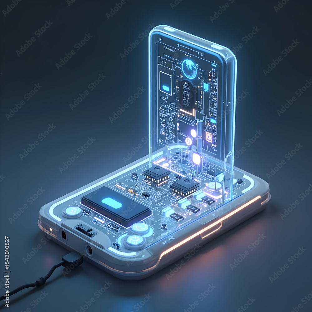 Poster charging futuristic device displaying internal circuitry and components