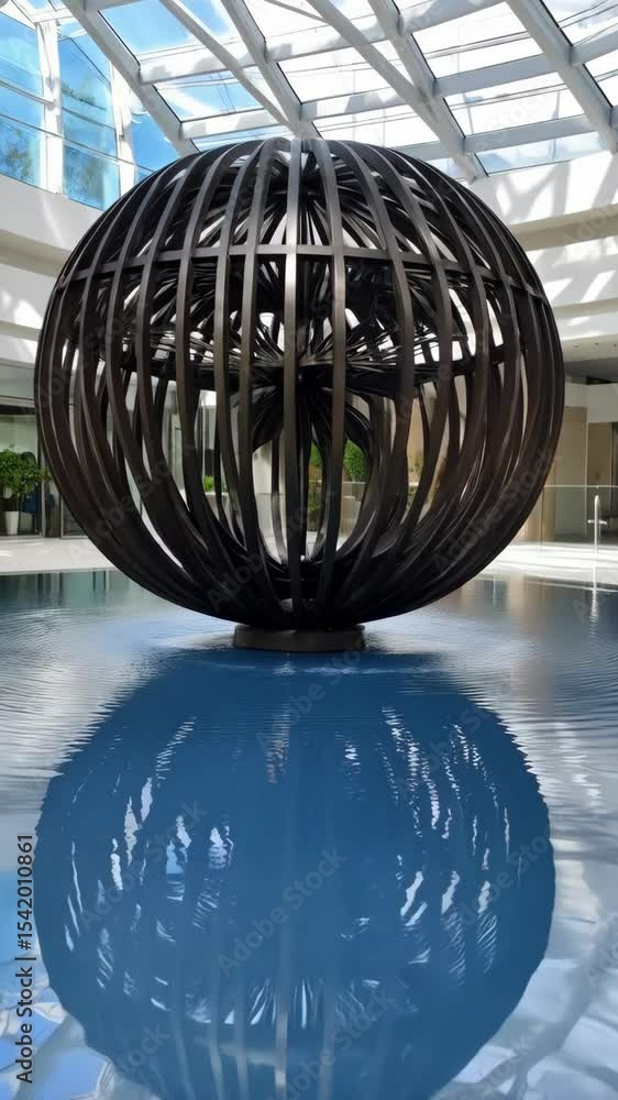 Poster metal spherical artwork in shallow reflective pool under skylight indoors, creating intricate patter