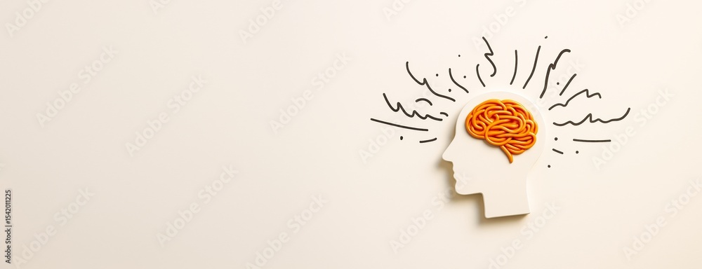 Poster Human head profile with stylized orange brain and dynamic lines on light background symbolizing creativity and thought process concept.