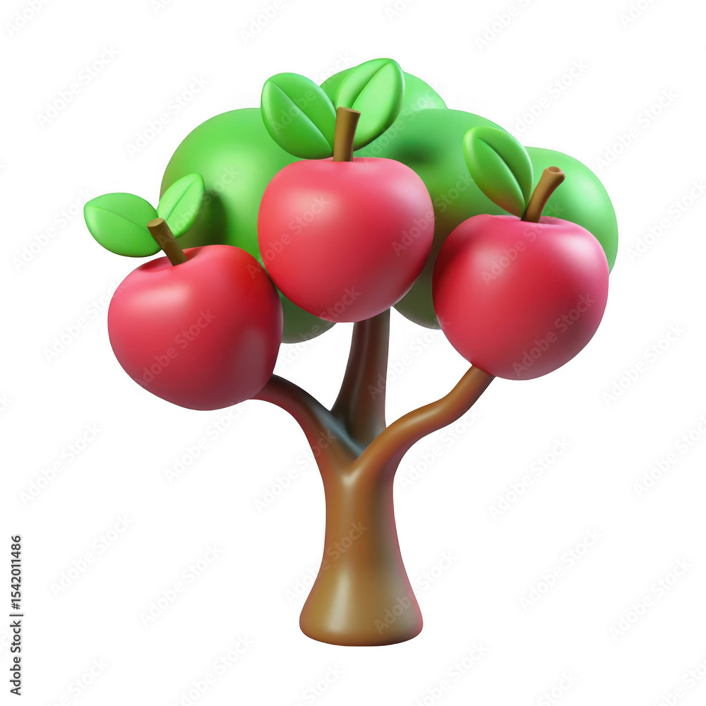 Poster cartoon apple tree with three apples isolated on transparent background