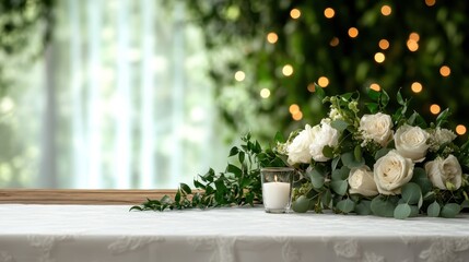 A stunning arrangement of white roses and green foliage adorns a table, creating an elegant setting. The soft focus allows for an appreciation of nature's beauty and ambiance.